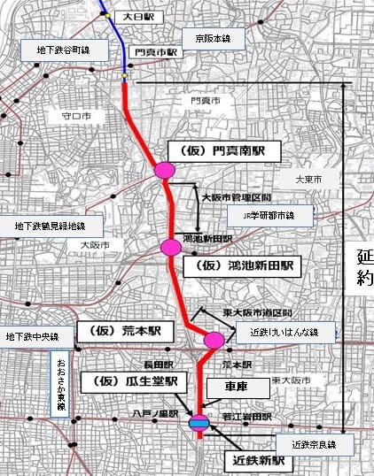 大阪モノレール延伸路線図（拡大）